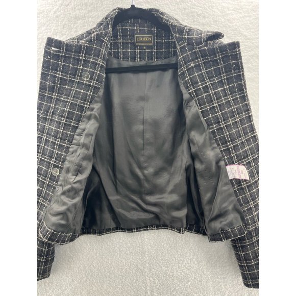Louben Womens Double Breasted Suit Jacket Black White Tattersall Wool Blend 8 - Picture 5 of 9
